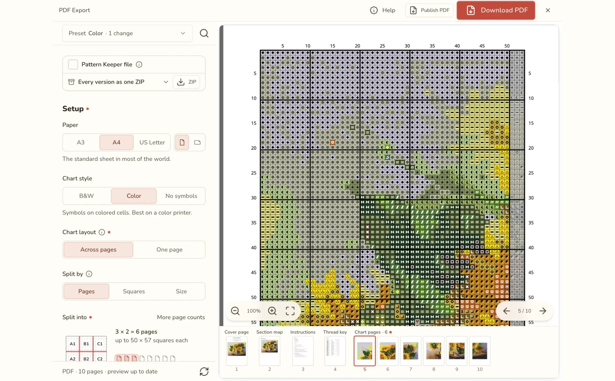 PDF-Export in Stitchmate mit den Seiten der Vorlage in farbigen Symbolen und den Seiteneinstellungen