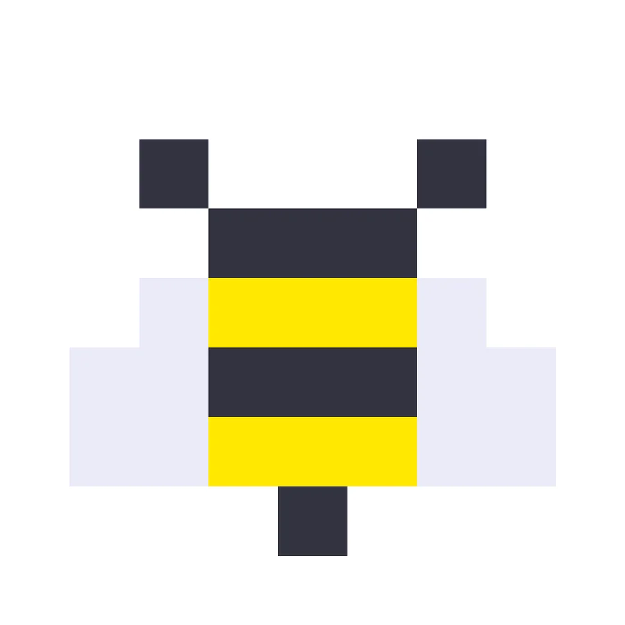 Bee charted for cross stitch, 9 by 9 stitches in 3 DMC colors