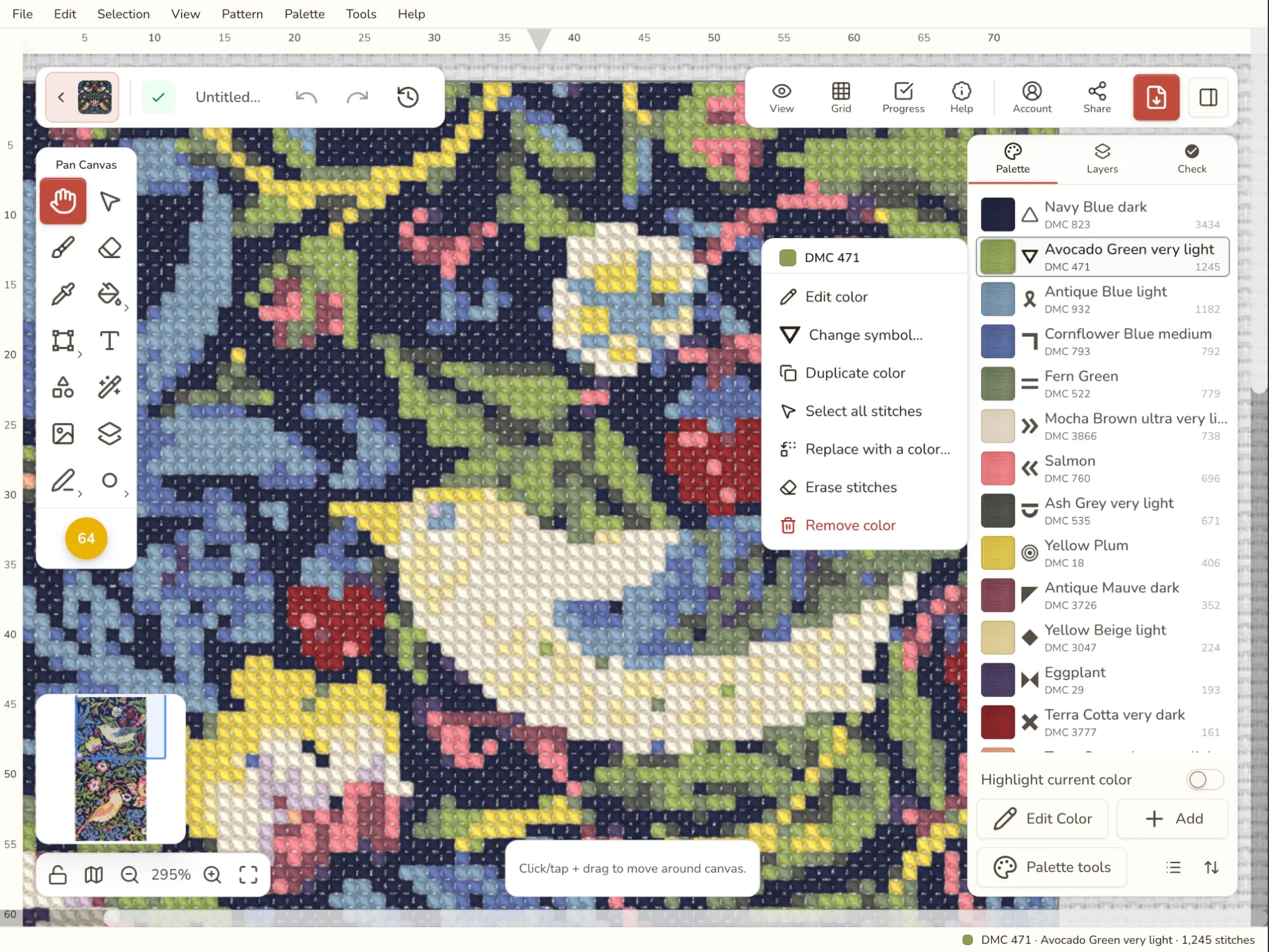 Rechtsklick auf eine Farbe in der Palette zeigt alles, was du damit tun kannst: bearbeiten, Symbol ändern, duplizieren, ihre Stiche auswählen, ersetzen, Stiche entfernen oder die Farbe entfernen Rechtsklick auf eine Farbe in der Palette zeigt alles, was du damit tun kannst: bearbeiten, Symbol ändern, duplizieren, ihre Stiche auswählen, ersetzen, Stiche entfernen oder die Farbe entfernen