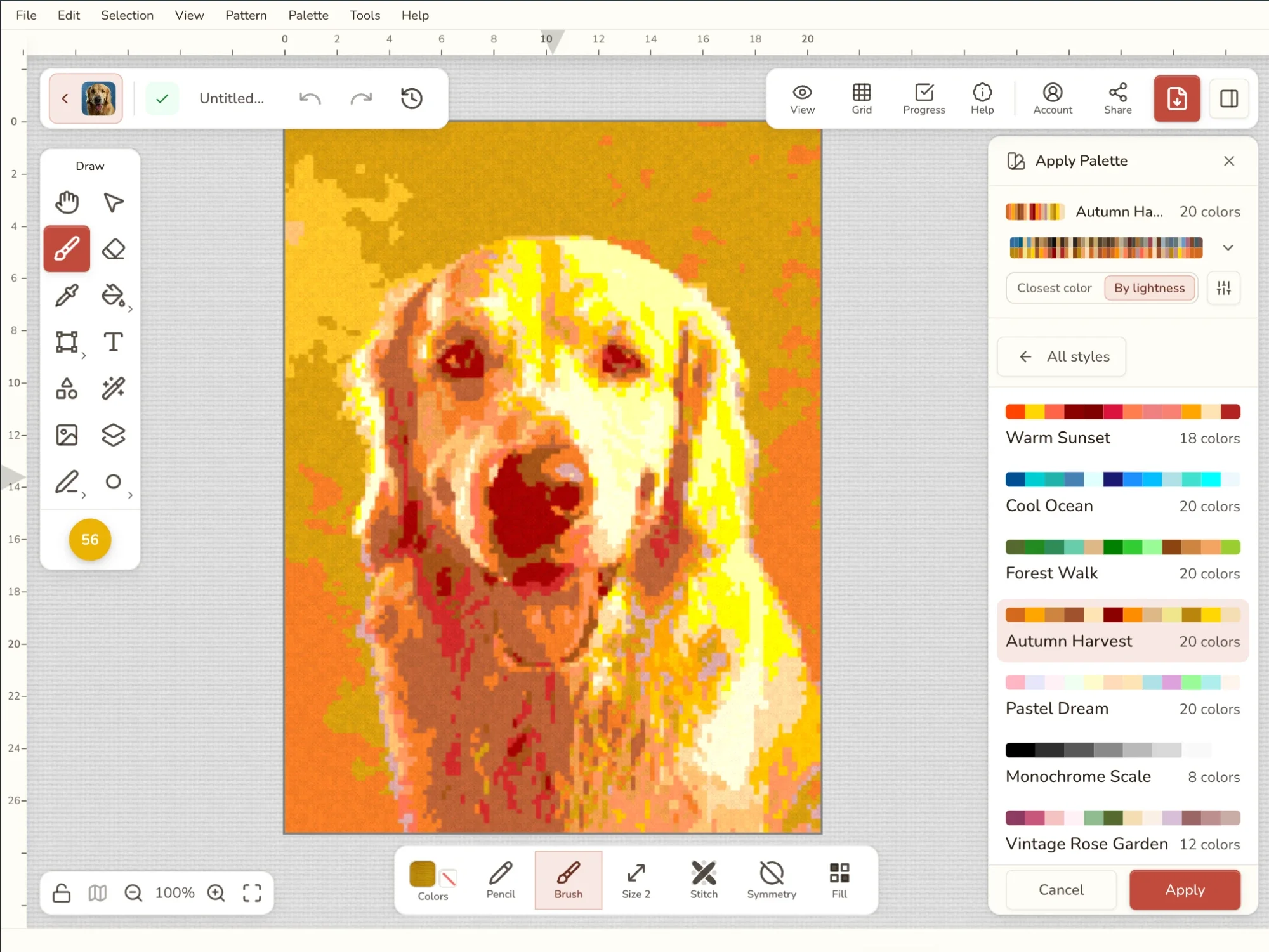 Palette anwenden mit Autumn Harvest, zugeordnet nach Helligkeit: Der Hund behält Licht und Schatten, jetzt in Herbstfarben Palette anwenden mit Autumn Harvest, zugeordnet nach Helligkeit: Der Hund behält Licht und Schatten, jetzt in Herbstfarben