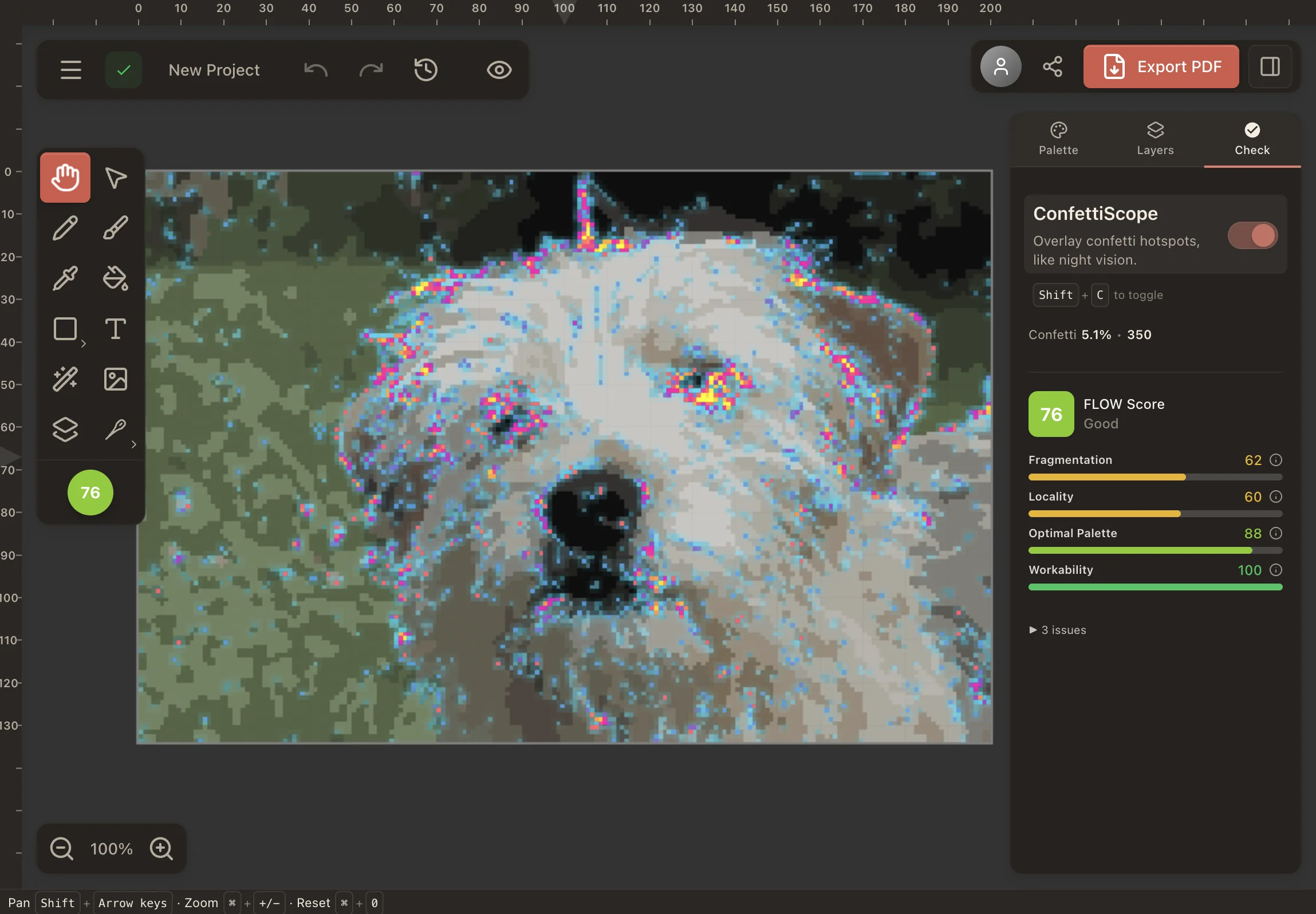 ConfettiScope overlay on Stitchmate dog portrait conversion — 350 confetti stitches highlighted