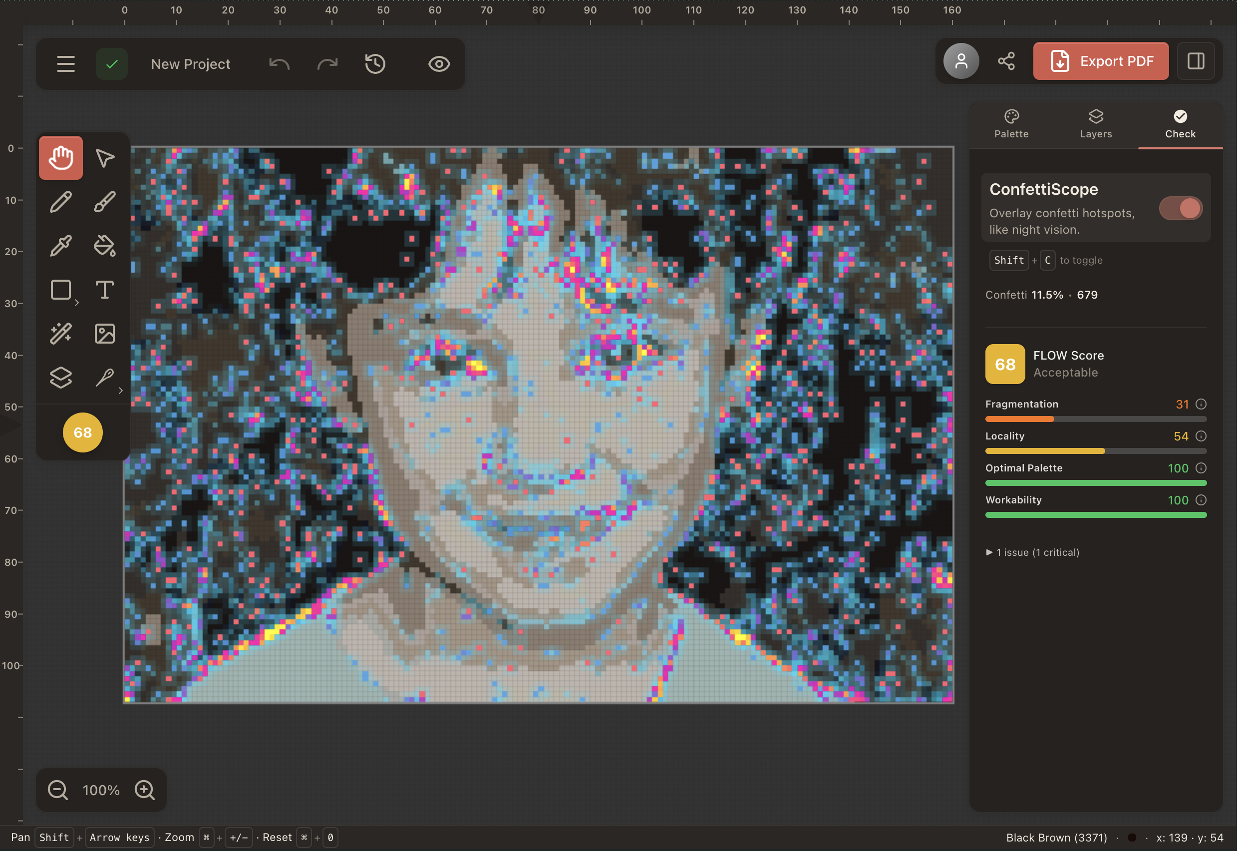 ConfettiScope overlay on StitchFiddle kid portrait conversion — 679 confetti stitches highlighted