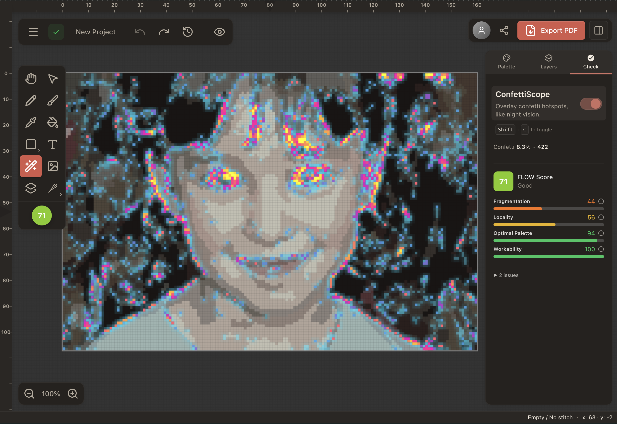 ConfettiScope overlay on Stitchmate kid portrait conversion — 422 confetti stitches highlighted