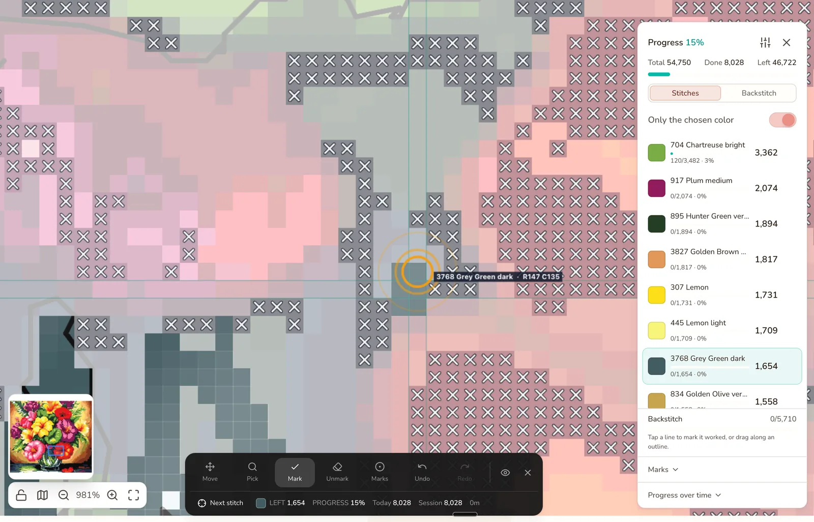The Stitchmate progress tracker on a laptop: a floral chart at 15% progress with marked stitches shown as crosses, one color highlighted and ringed as the next stitch, and a progress panel listing every color with its remaining count