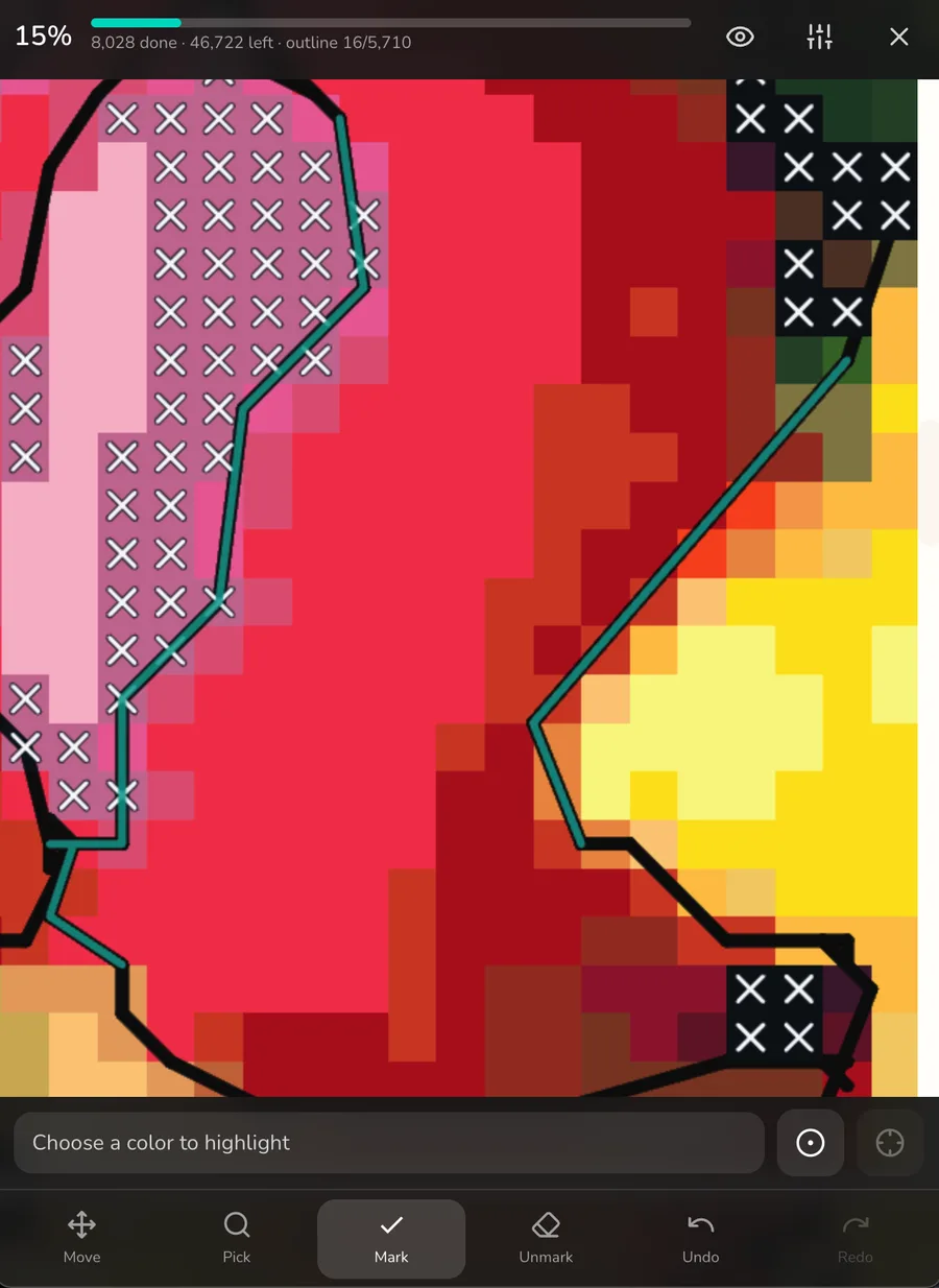 The Stitchmate progress tracker on a phone: a red and yellow chart with marked stitches, a black backstitch outline partly traced in teal where segments have been marked worked, and a bottom bar reading 8,028 done, 46,722 left, outline 16 of 5,710