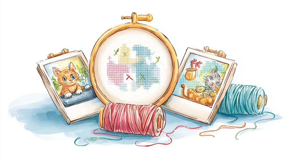 Watercolor illustration of photo frames with cat portraits beside an embroidery hoop with a cross stitch pattern and thread spools