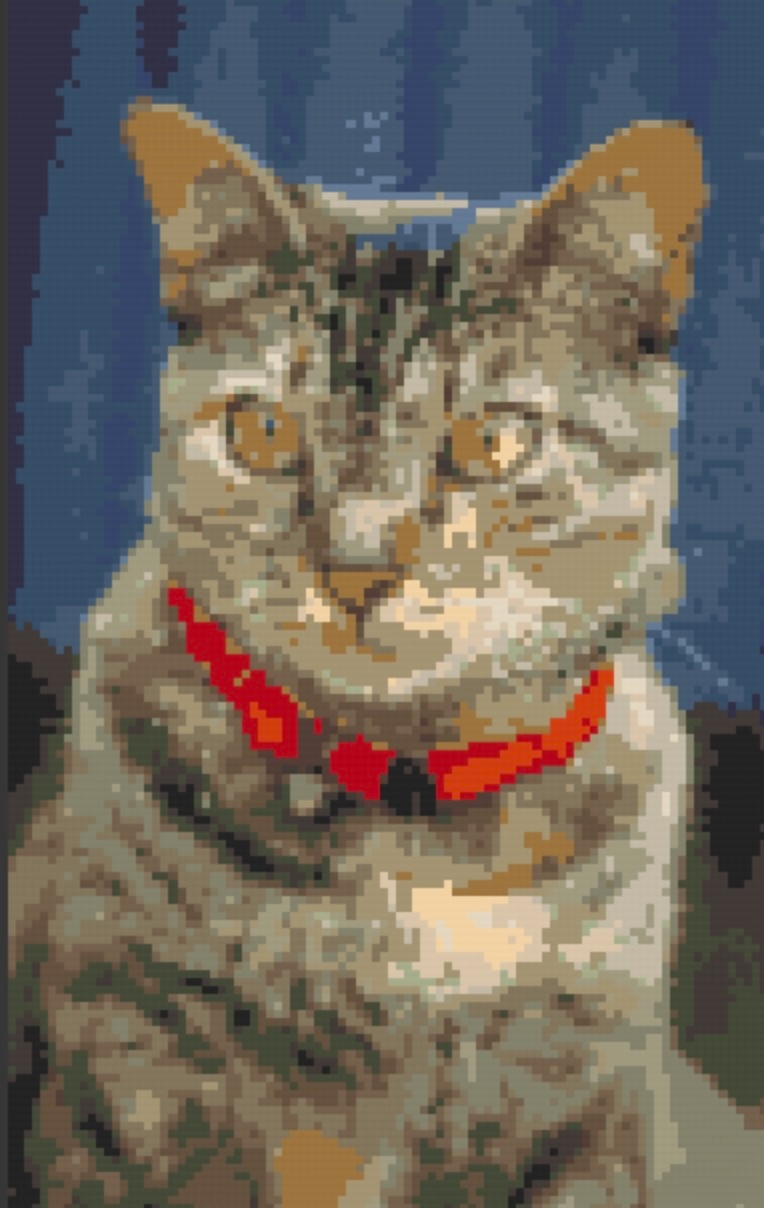 Cat portrait converted with StitchMate - clean color regions, minimal confetti, clear red collar