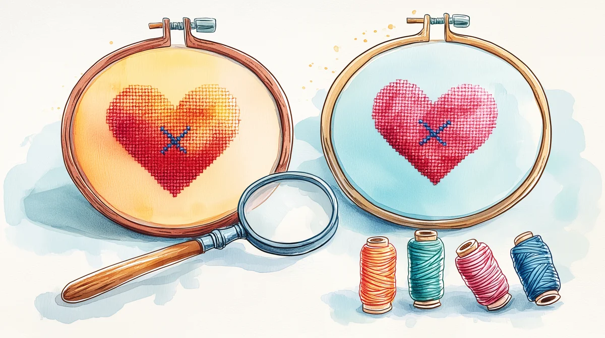 Watercolor illustration of two embroidery hoops with cross-stitched hearts, a magnifying glass, and colorful thread spools