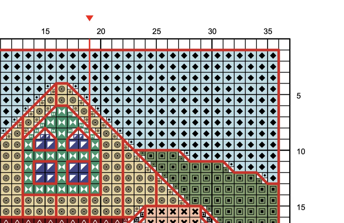 Close-up of a cross stitch pattern chart showing colored symbols on a grid with row and column numbers, depicting a house design with backstitch outlines