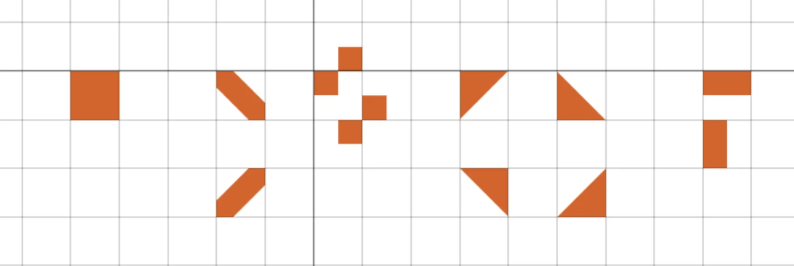 The same cells in flat chart view: a filled square, two diagonal bars, four small corner squares, four corner triangles, and two half-cell rectangles, one across the top of a cell and one down the right side