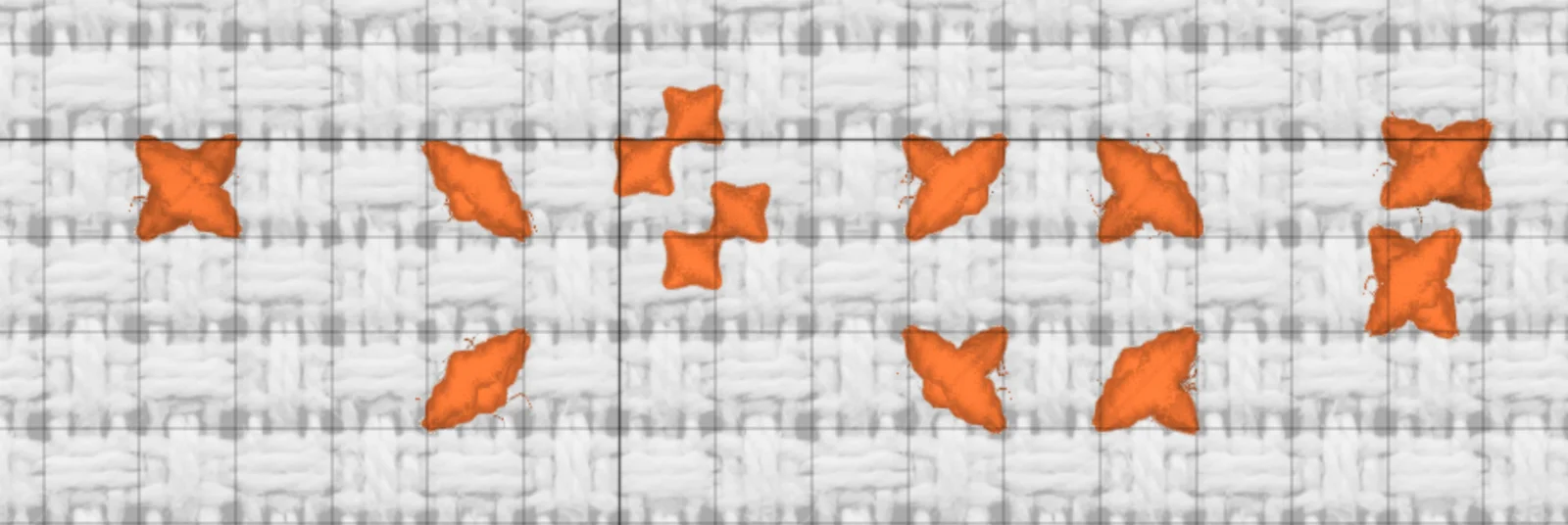 Orange thread on white Aida rendered by the Stitchmate editor: a full cross stitch, two half stitches on the same diagonal, four small quarter stitches in different corners, four three-quarter stitches facing different ways, and two half-fill stitches packed into the top half and the right half of a cell