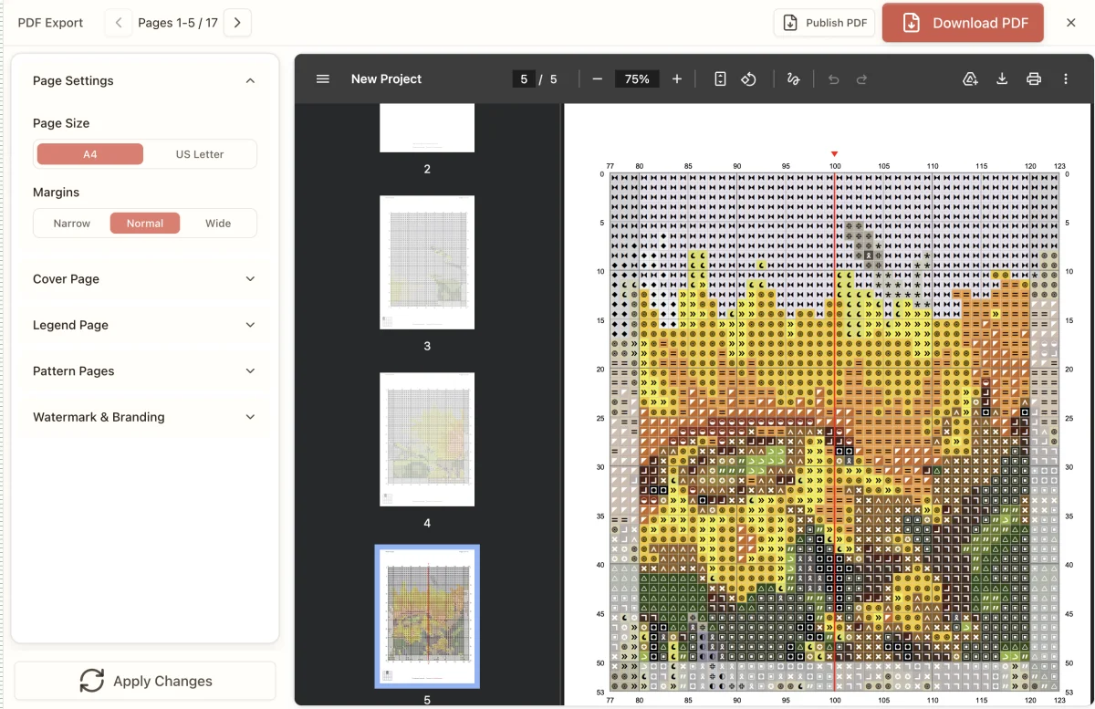 Stitchmate PDF export view showing page settings panel and a cross stitch pattern with symbols across multiple pages
