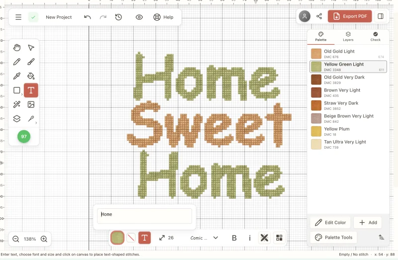 Stitchmate text tool showing 'Home Sweet Home' cross stitch lettering with DMC thread palette