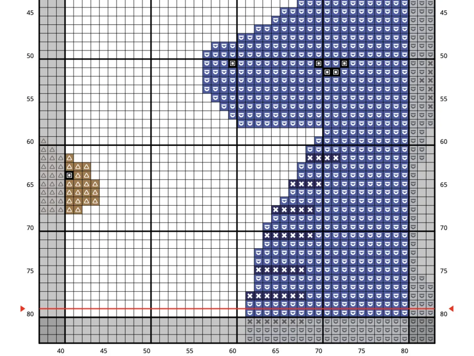 PDF図案の1ページ。番号付きの方眼に、色付きの記号マスでドラゴンの頭が描かれている