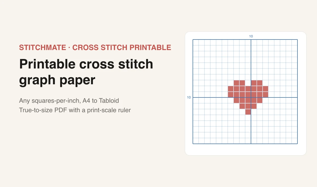 Free Printable Cross Stitch Graph Paper — Any Fabric Count Cross stitch graph paper generator — grid settings, live preview, and PDF download.